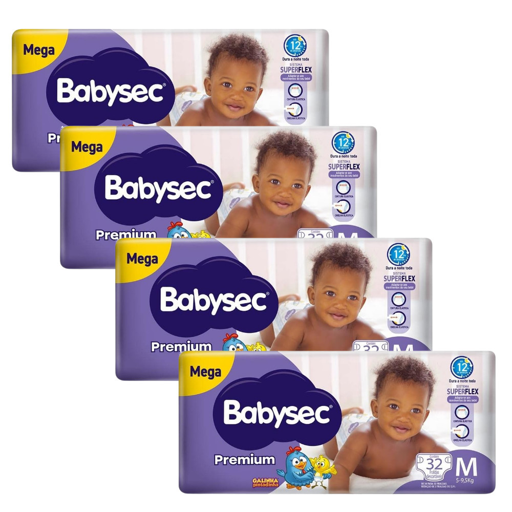 4x Fralda BabySec Premium Galinha Pintadinha Mega M 32 Unidades – Super Absorção + Ajuste Perfeito