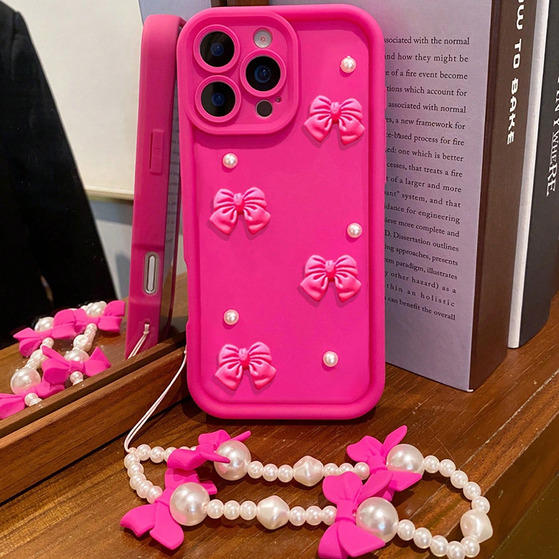 3D Elegante Bowknot Falso Pérola Corrente Caso De Telefone Para iPhone 17 Pro Max 11 12 13 14 15 16E XS X XR 7 8 Plus SE