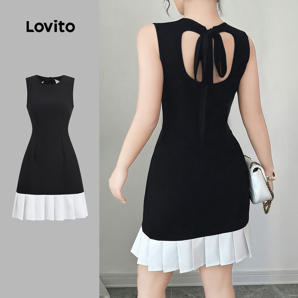 Lovito Tecido para Vestido Casual Costura Plissado Primavera/verão Vestido Preto e branco L155ED528 em Oferta na Shopee
