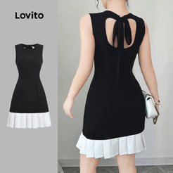 Vestido Feminino Lovito Casual Nacional Tecido Costura Plissada Primavera/verão Vestido Preto e Branco L155ED528