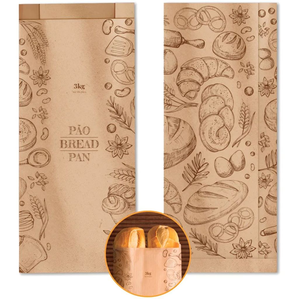 Saco Kraft Padaria 3kg Embalagem Papel 500un 16,5x37cm