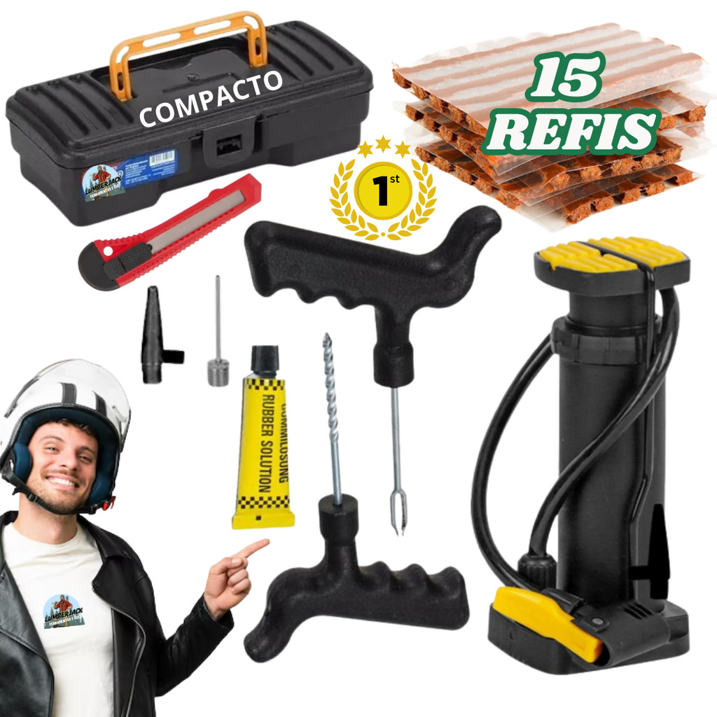 Reparo Pneu Sem Câmara para Moto e Carro + Maleta com trava com e sem Bomba de Ar - Portátil de Alta Qualidade em Oferta na Shopee