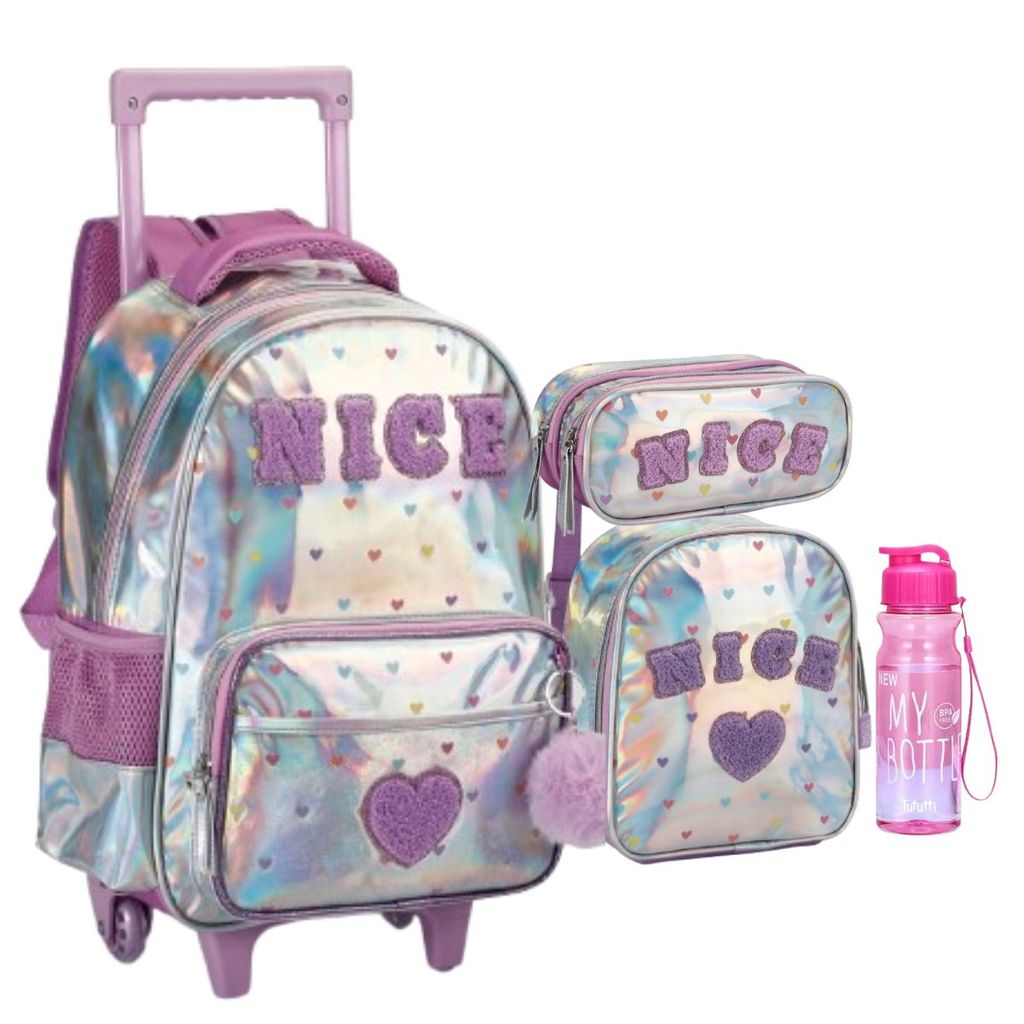 Kit Mochila Rodinha Nice Patches Pelucia Holografica Menina em Oferta na Shopee
