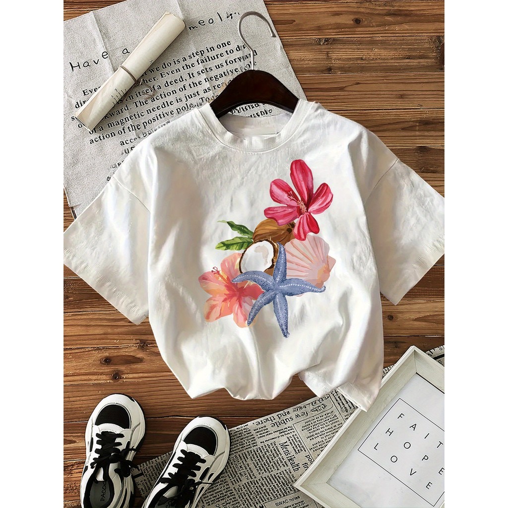 Camiseta Feminina T-shirt Estampada Estrela-do-Mar Blusa Floral Rosa Azul Casual Verão Gola Redonda