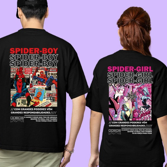 Camisetas Kit Casal Spider-Man + Spider-Girl  Geek e  Games