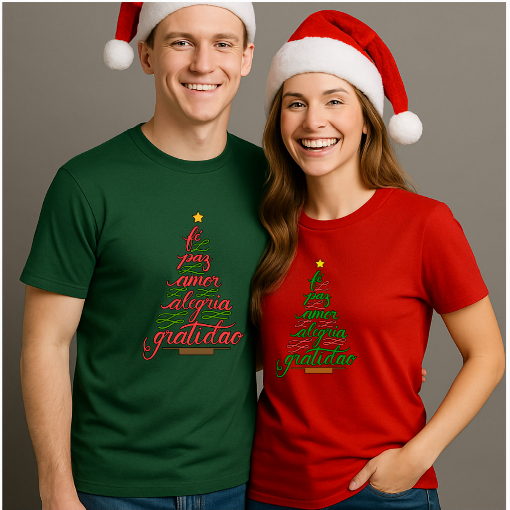 Kit 2 Camiseta Casal Camisa Natalina 100% Algodão Estampada Palavras Arvore Natal Envio Rápido BRACOL STORE