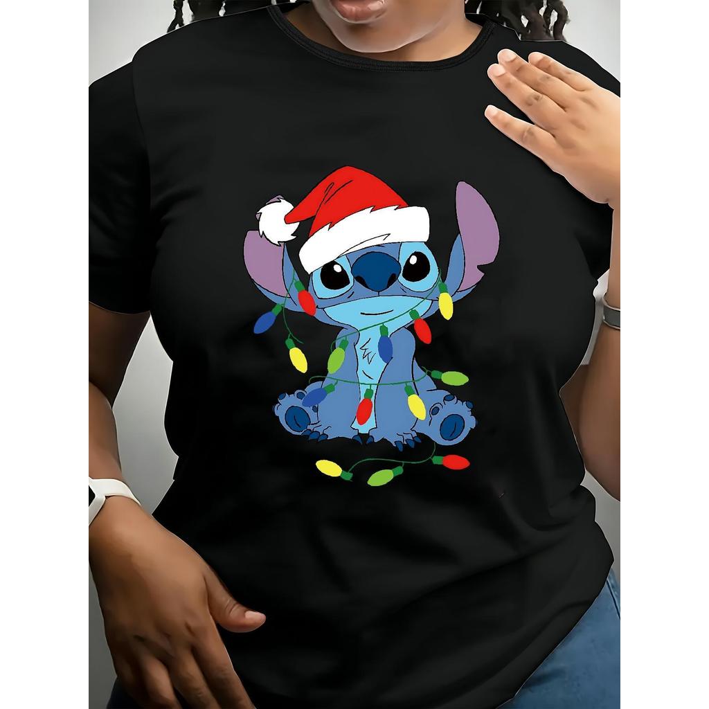 BR Moonlight Camiseta Feminina Plus Size Stitch Natal Oversized Estampada Confortavel Festiva Encantadora Inverno
