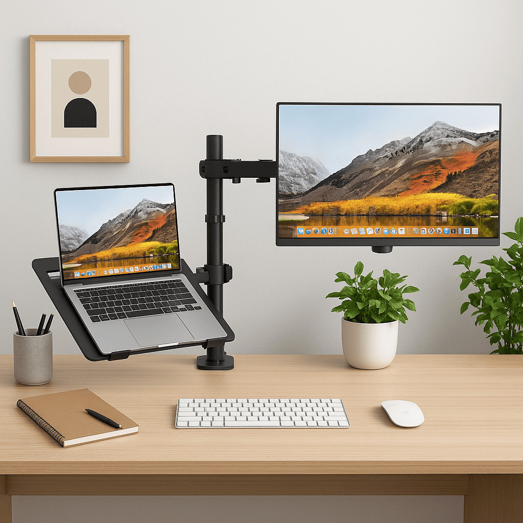 Suporte Notebook Monitor Duplo Articulado De Mesa Ajustável 13 a 33 Pol