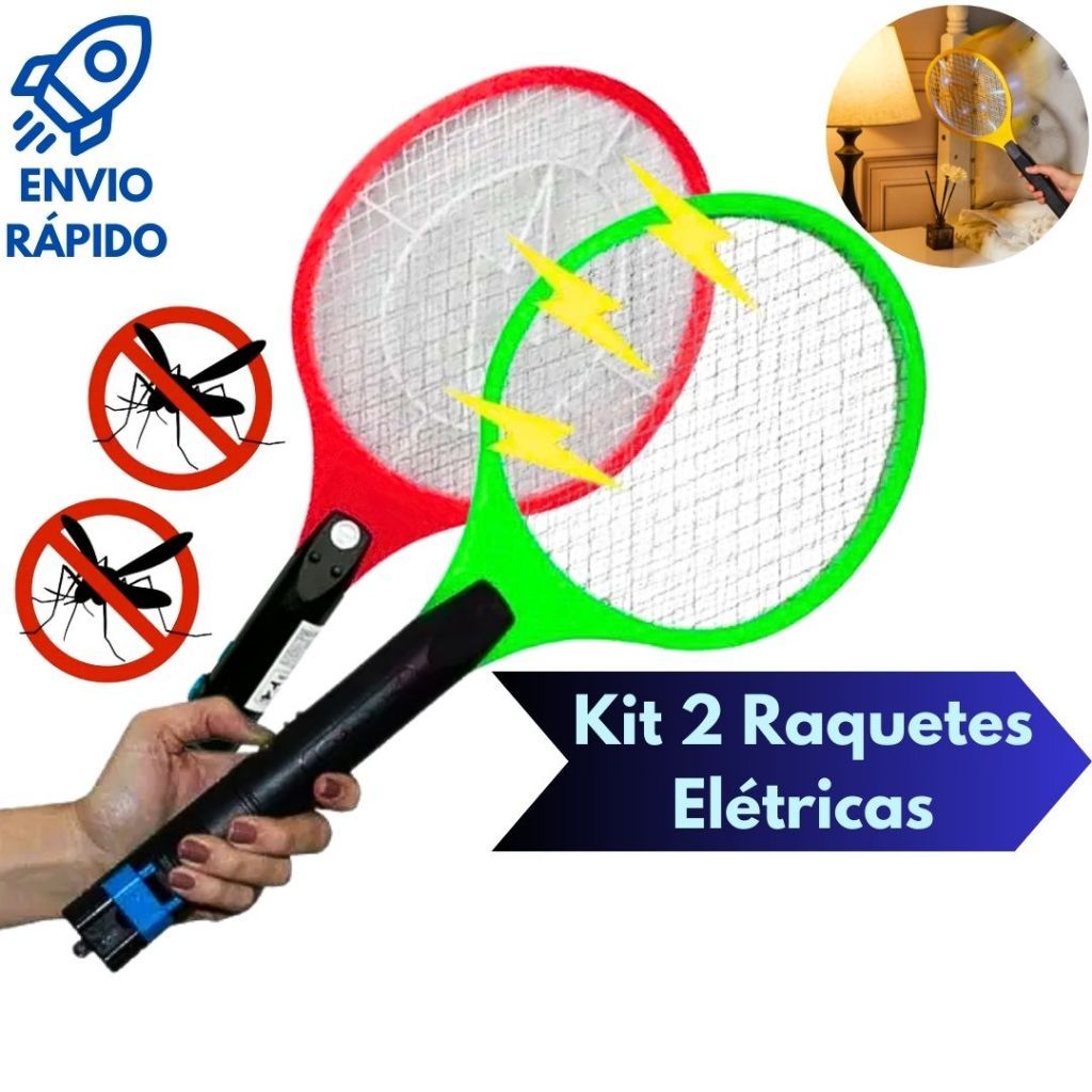 Kit 2 Raquetes Eletrica Mata Mosquitos Insetos Recarregavel Mosca Dengue Pernilongo 110-220V Bivolt