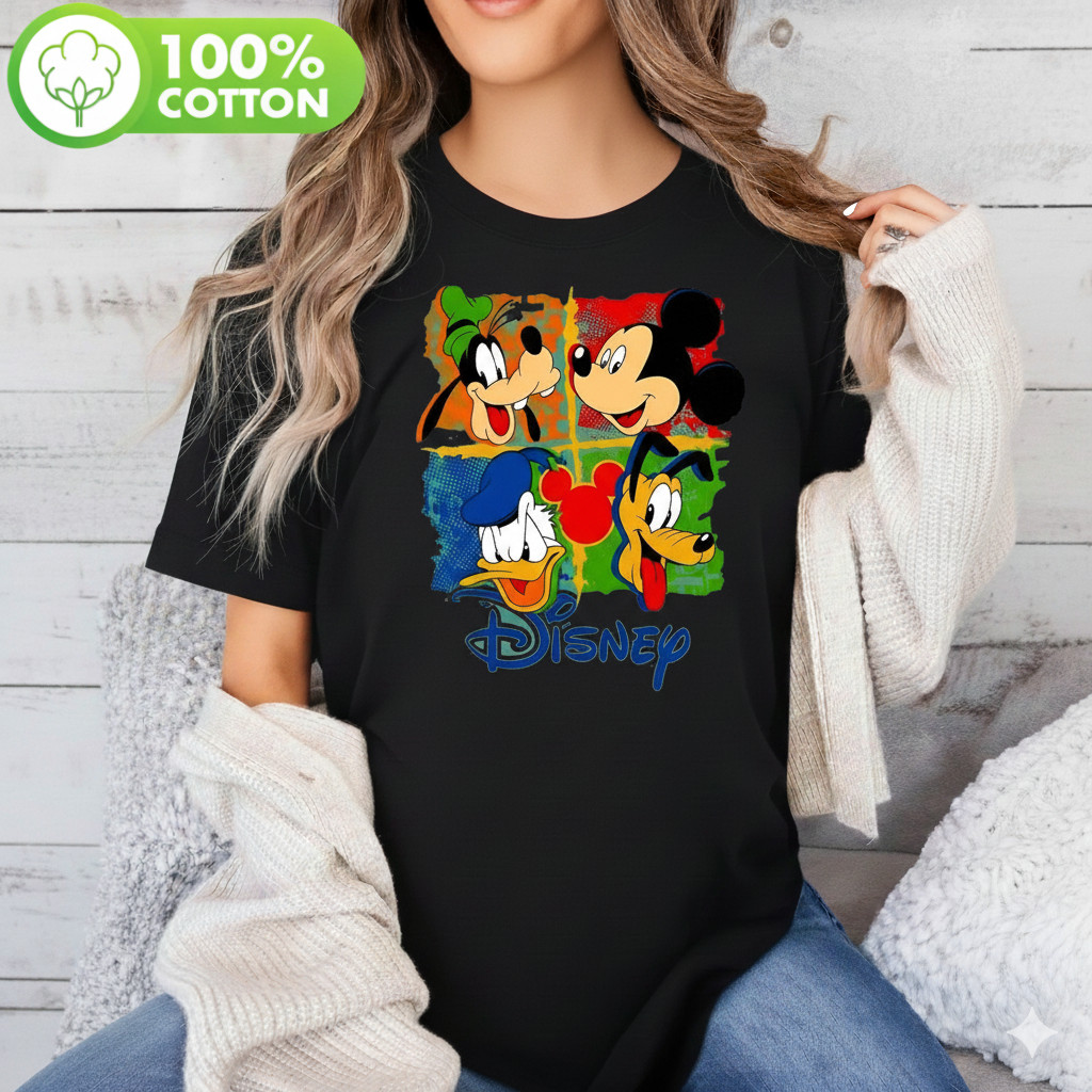 Camiseta Disney Mickey Donald Pateta Pluto Amigos Colagem Divertida Fofa Estilosa Moda Casual