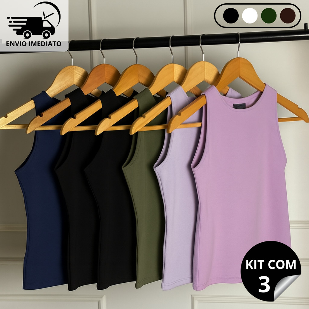 Kit 3 Regatas Casual Basica Blusa Feminina Blogueira Tendencia Lazer Academia e Esporte