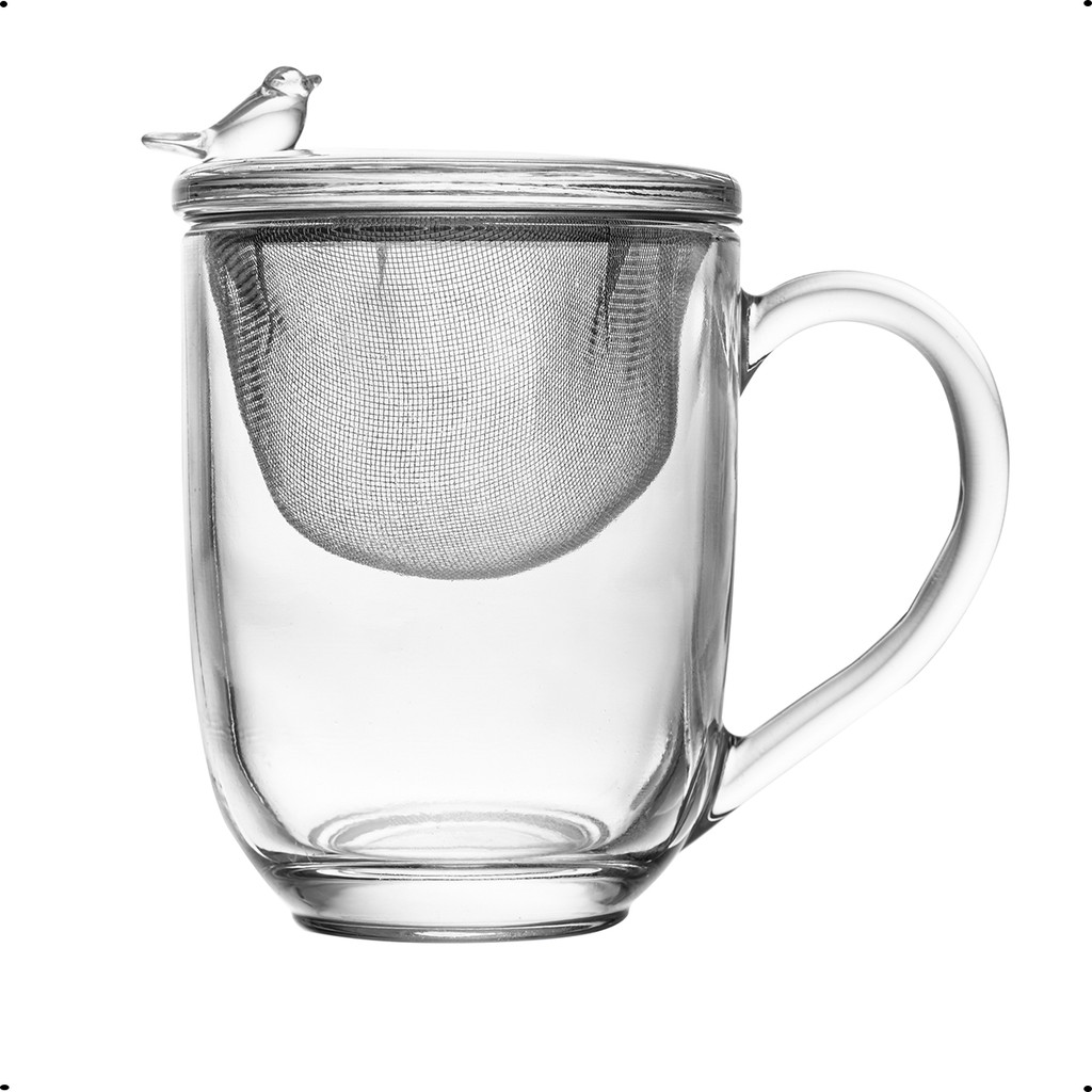 Caneca com Tampa Vidro Cristal Infusor Cha Bird 350ml Wolff
