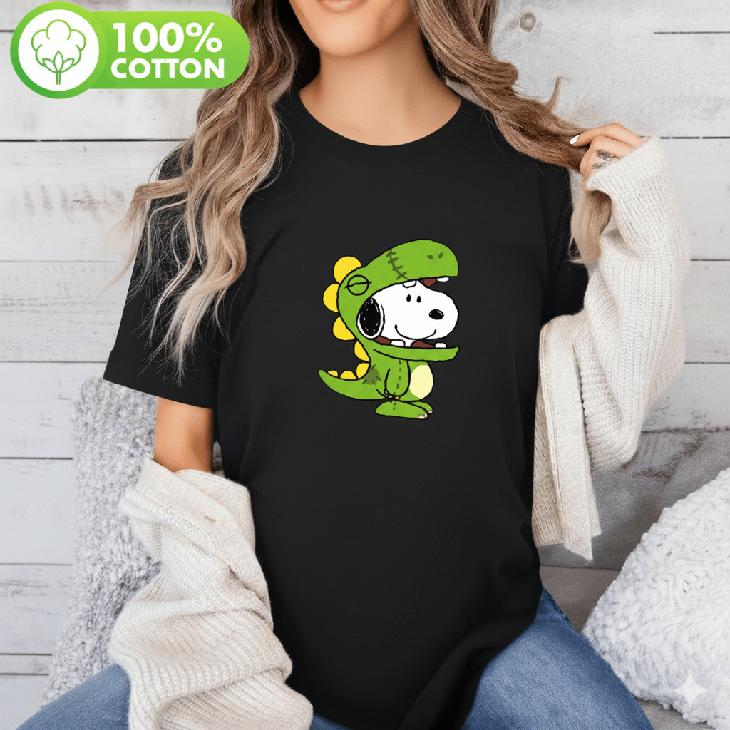 Camiseta Unissex Snoopy Dinossauro Fantasia Brincalhão Cartoon Fofo Estampada Confortavel Divertida Fofa Casual
