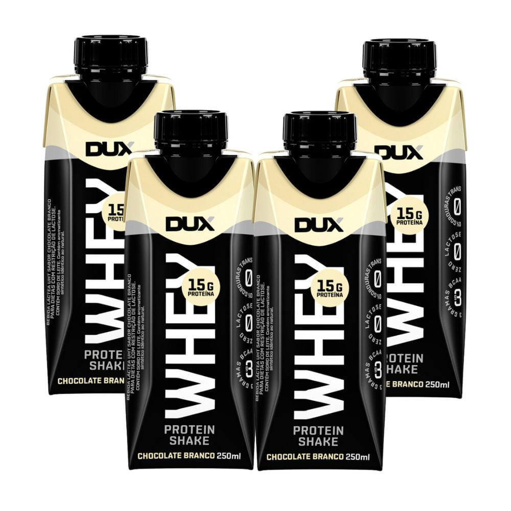 Kit 4 Bebida Láctea UHT Whey Protein Shake Dux Sabor Chocolate Branco com 15g de Proteína 250ml em Oferta na Shopee