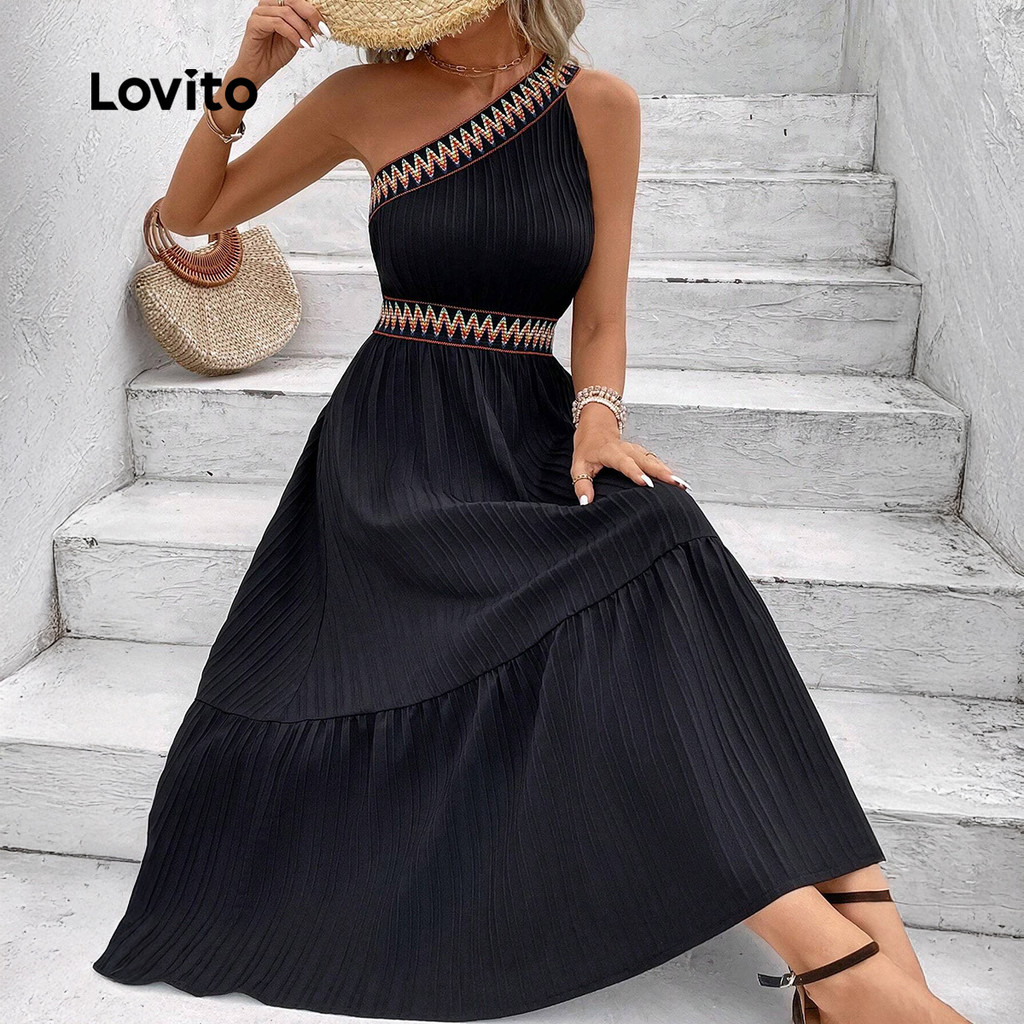 Lovito Vestido Boho Estilo Resort Trança Primavera/verão Preto para mulheres LK2LD366