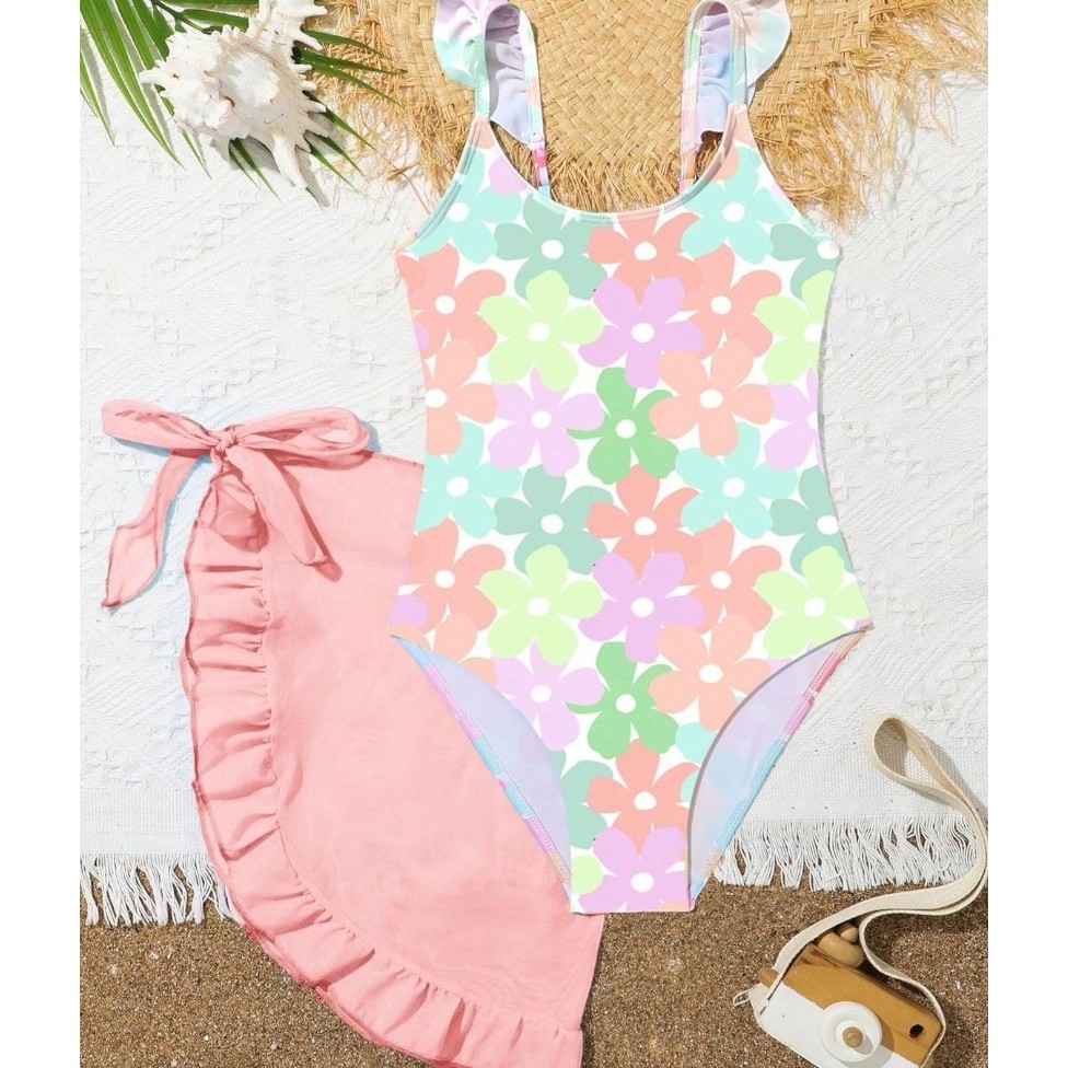 Maiô Biquíni Infantil Florzinhas Rosa Flor Coloridas Meninas