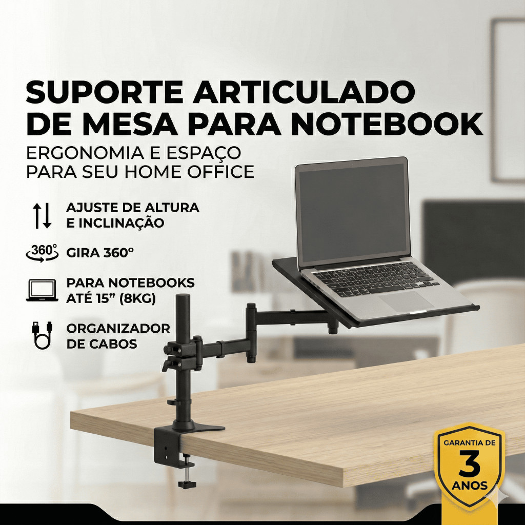 SUPORTE ARTICULADO PARA NOTEBOOK DE MESA COM BANDEJA - ERGONÔMICO