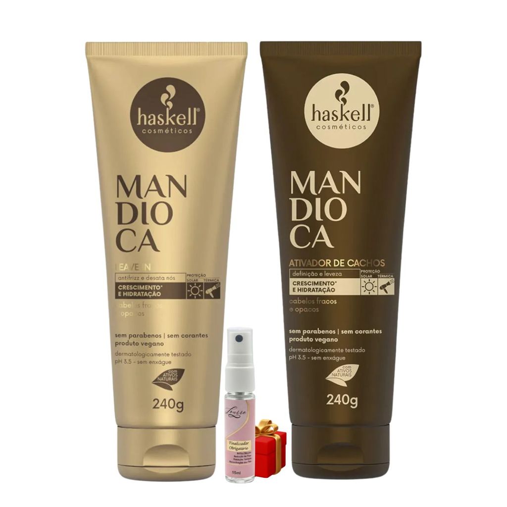 Kit Mandioca 1 Leave in 240g 1 Ativador de cachos 240g + Presente Lourre 15ml