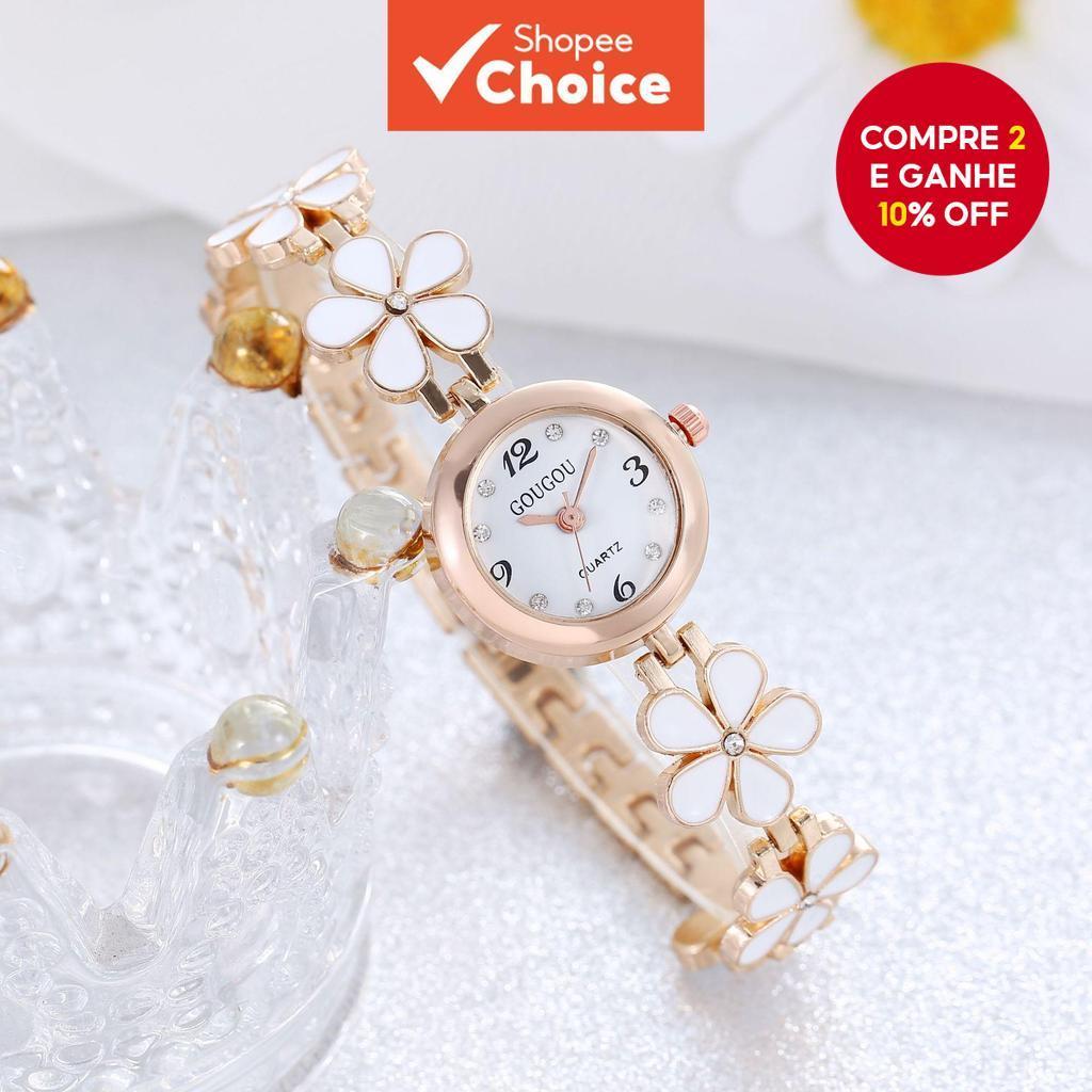 Relógio Feminino Floral Preto E Branco-Pulseira Versátil De Aço Para Elegância Diária