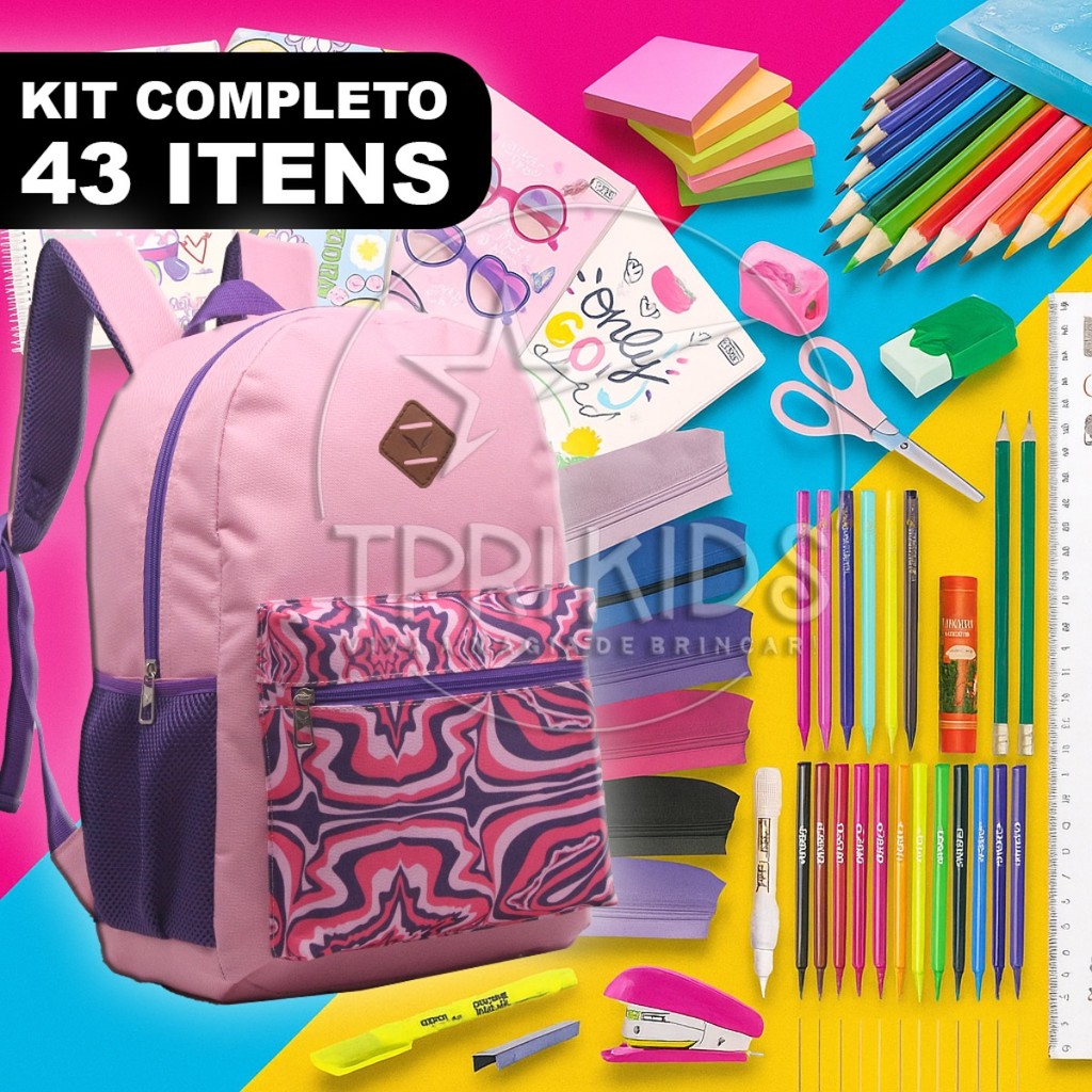 KIT MATERIAL ESCOLAR COMPLETO MOCHILA MENINA CADERNO FEMININA ROXA FOFA ENSINO FUNDAMENTAL MÉDIO FACULDADE ESCOLA ESTOJO