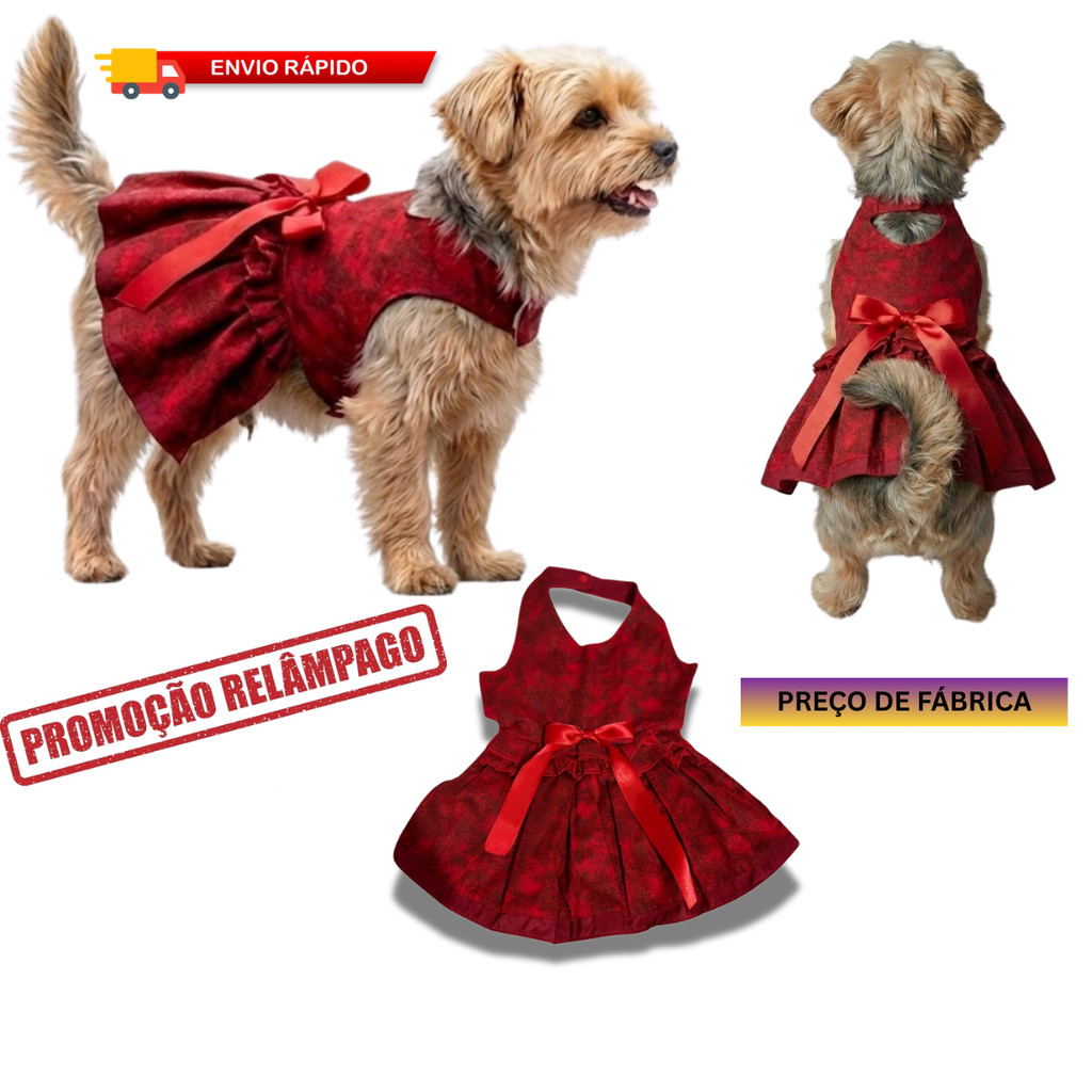 Vestido Pet Luxo Vermelho Vinho com Laço | Roupa de Festa Elegante Cães e Gatos | Envio Imediato