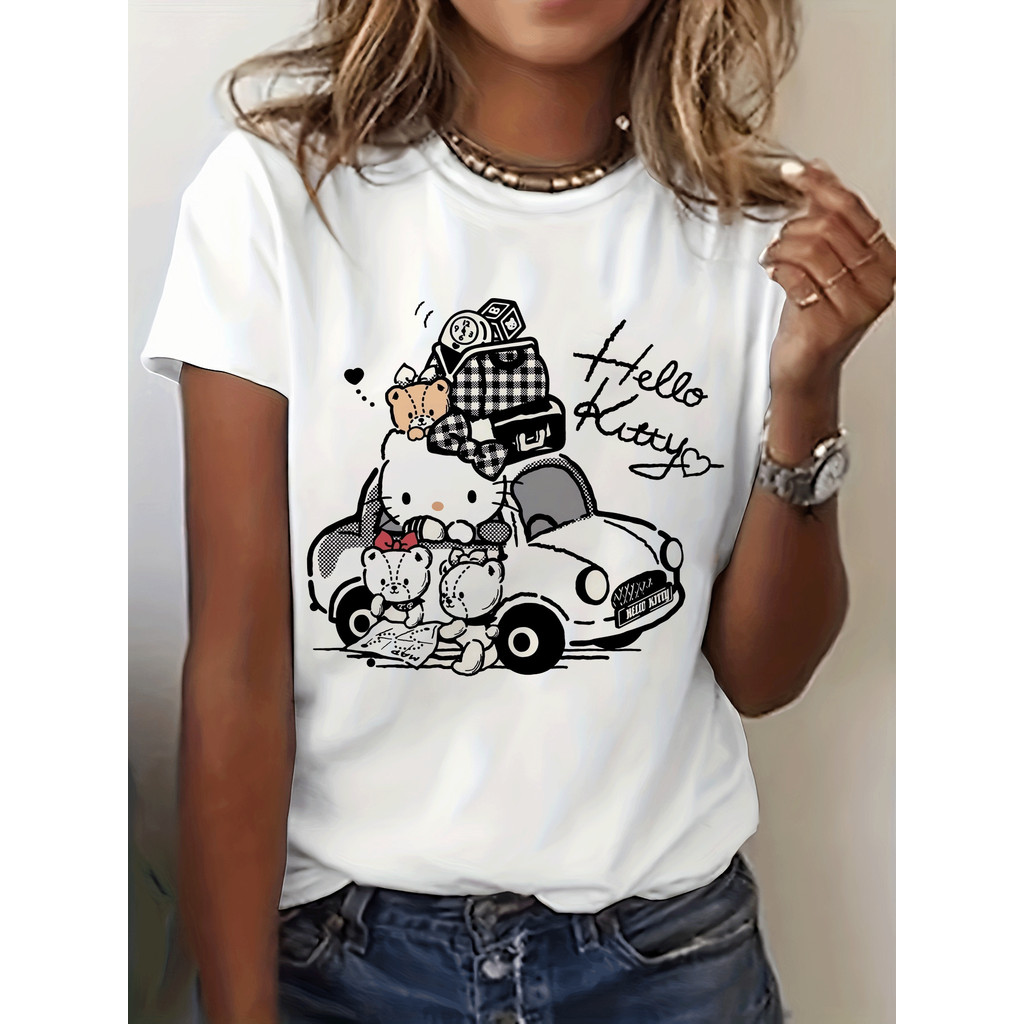 BR Moonlight Camiseta Feminina Hello Kitty Sanrio Carro Vintage Preto Branco Kawaii Estampada Fofa Confortável
