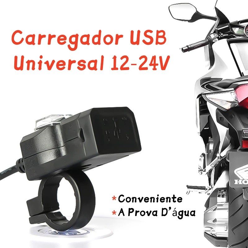 Novo Carregador à Prova d'Água de Guidão para Motocicleta 12V com Duas Saídas USB para Celular