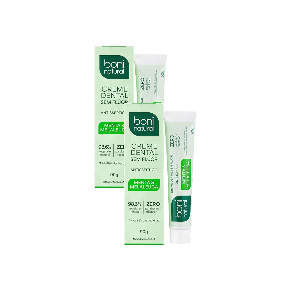 Kit 2 Creme Dental Boni Natural Antisséptico Menta e Melaleuca Sem Flúor 90g em Oferta na Shopee