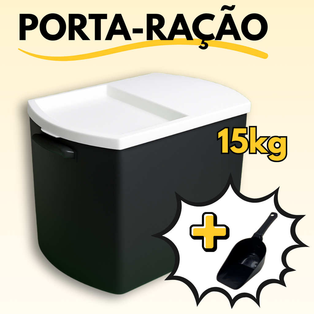 Container Porta Ração Canister Plástico Com Tampa + Pá Dosadora 15 Kg Preto