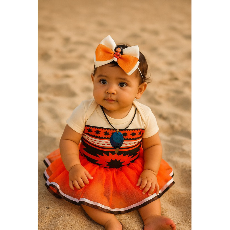 Fantasia Moana Bebê com Saia, Laço e Colar | Body Temático Infantil para Festa, Ensaio e Mesversário