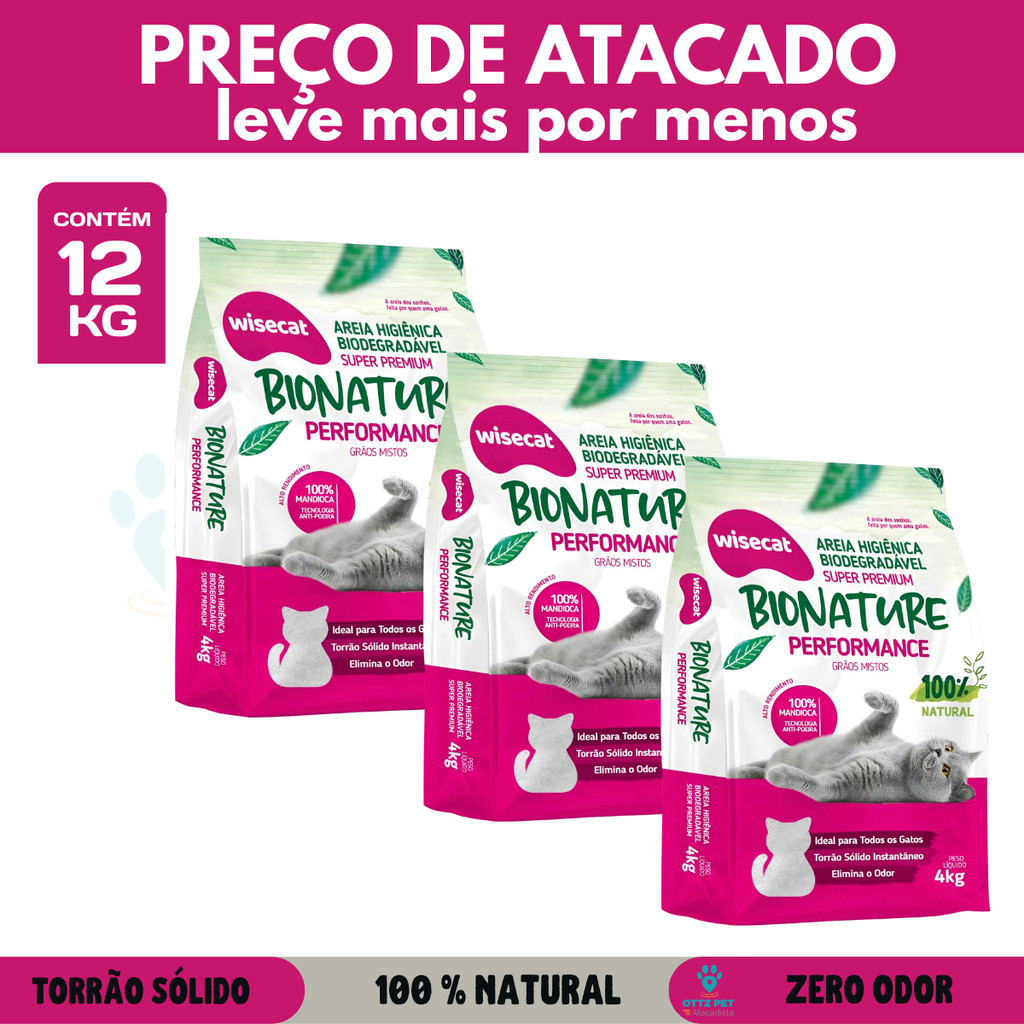 Kit 3 Areia Higiênica Biodegradável Wisecat 12kg Atacado