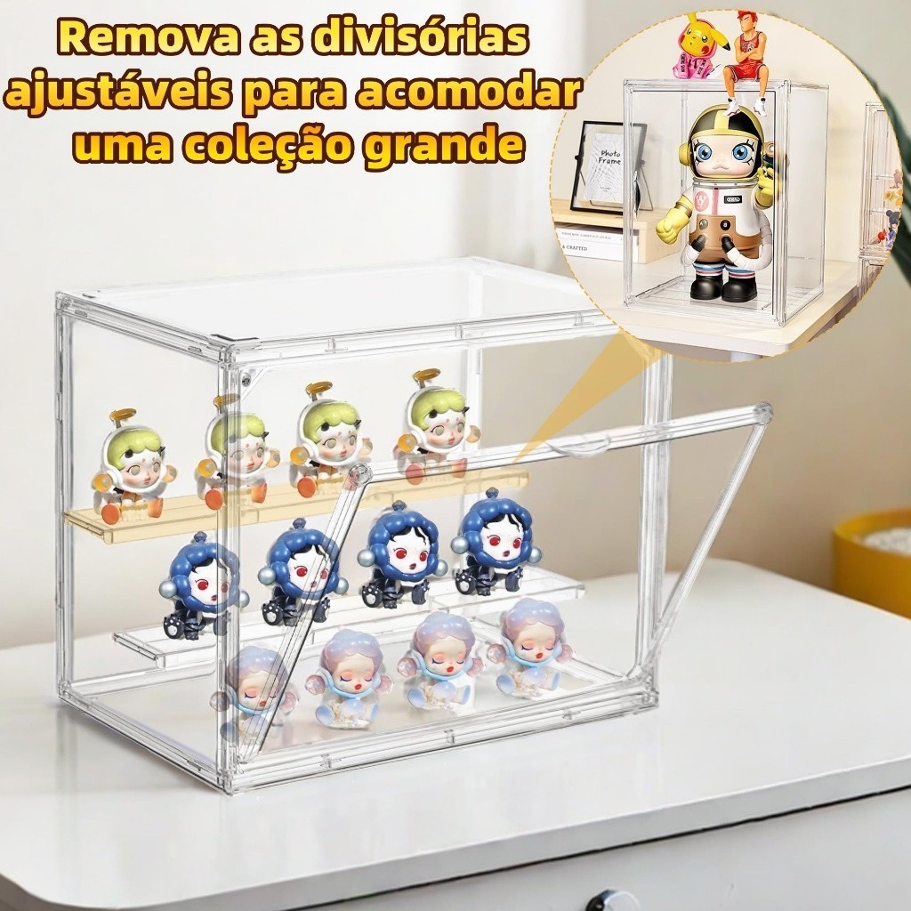 Caixa de Armazenamento Acrílico Transparente com 2 Divisórias Removíveis Estojo para Bonecos Caixa Cega Colecionáveis