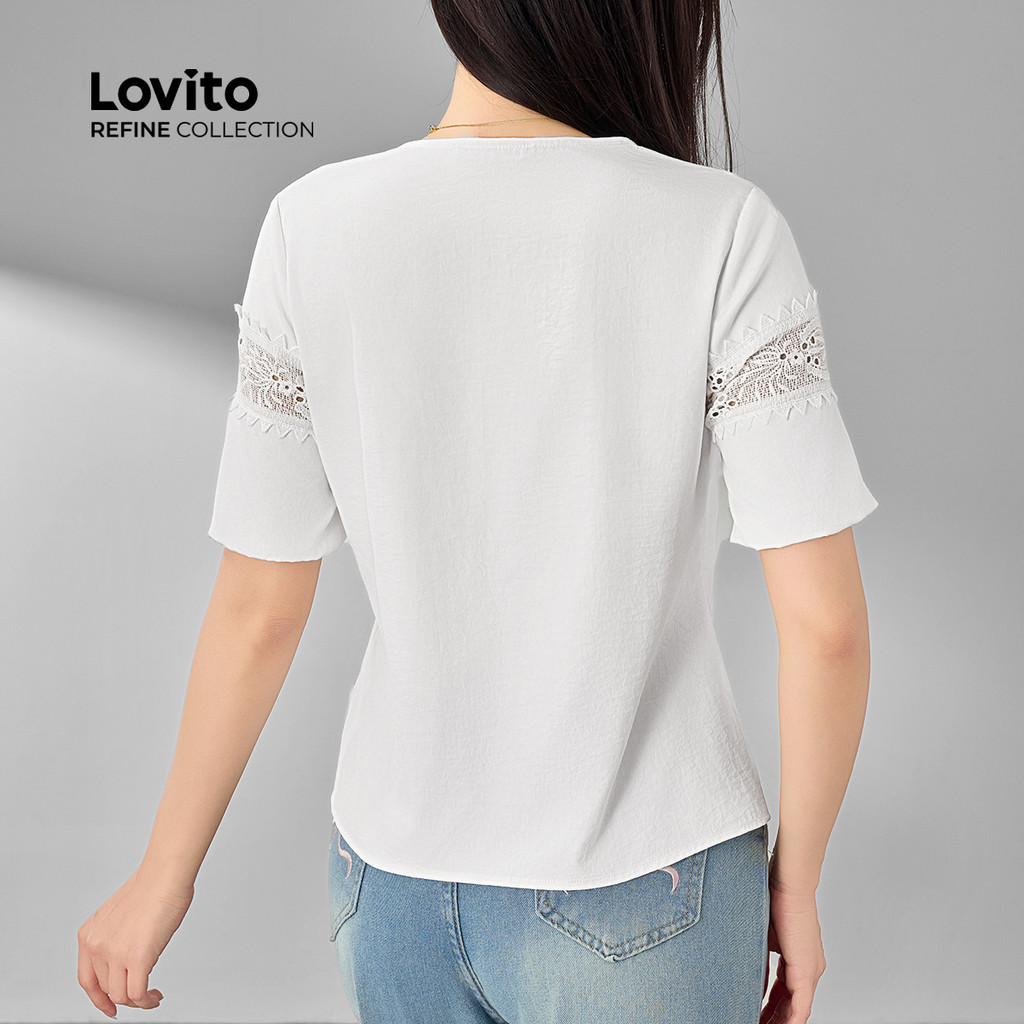 Detalhes do (Lovito Refine) Blusa Casual com costura em tecido liso e bordado com ilhós para mulheres LR7ED086