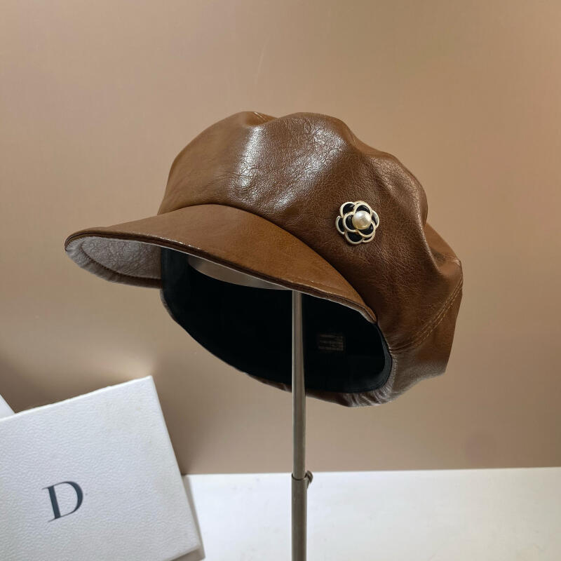 Novo Boné de Couro Estilo Newsboy Azul Marinho para Mulheres e Meninas, Boné Militar Octogonal Retro em Couro PU, Boné A