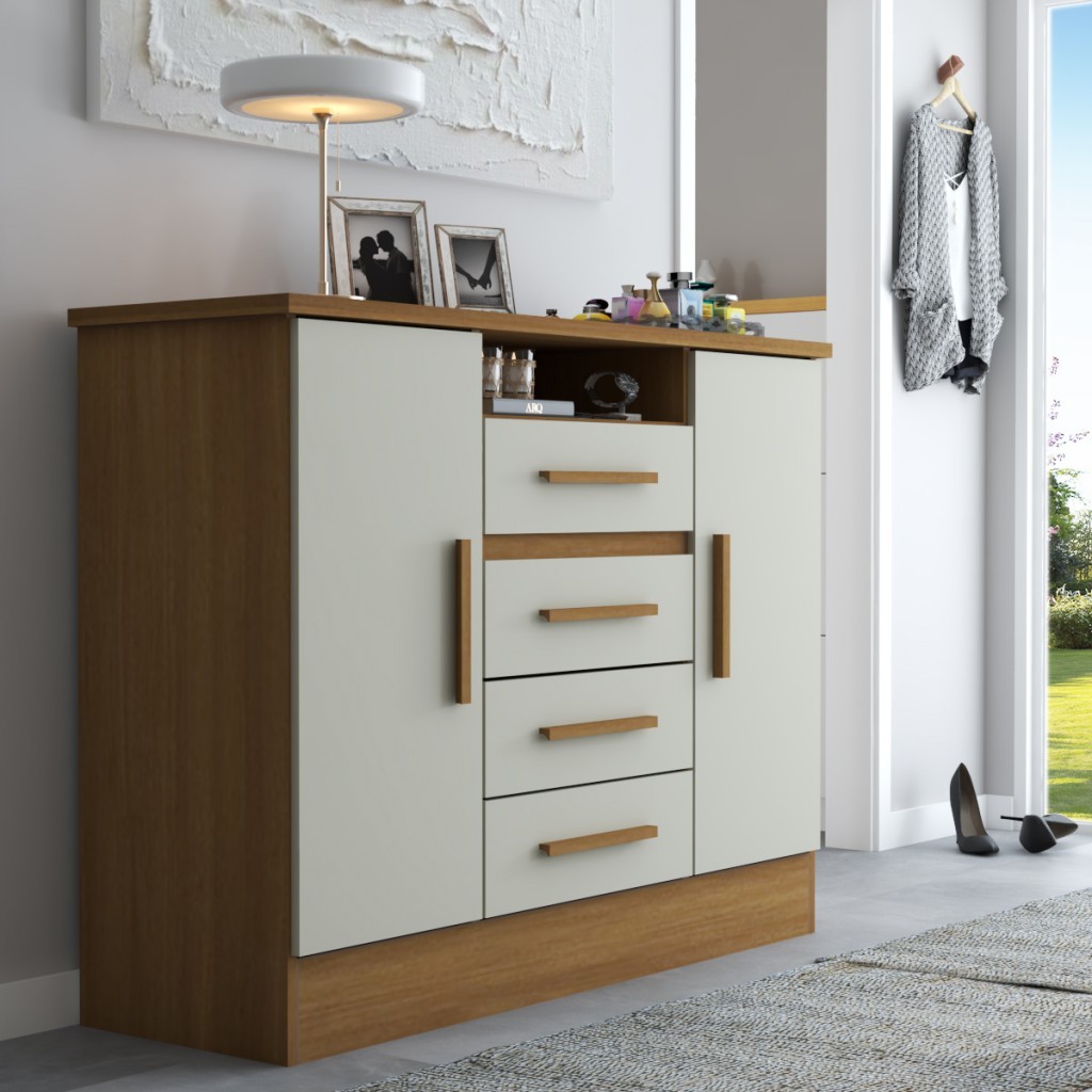 Cômoda Canadá 2 Portas 4 Gavetas Cinamomo/Off White - Pnr Móveis em Oferta na Shopee