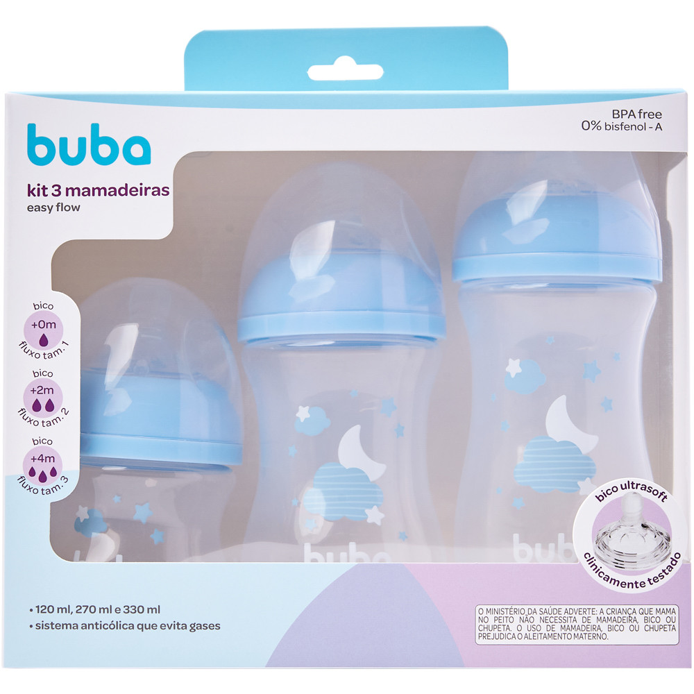 Kit 3 Mamadeiras Anticólica Easy Flow Nuvem Azul Buba 120ml 270ml e 330ml