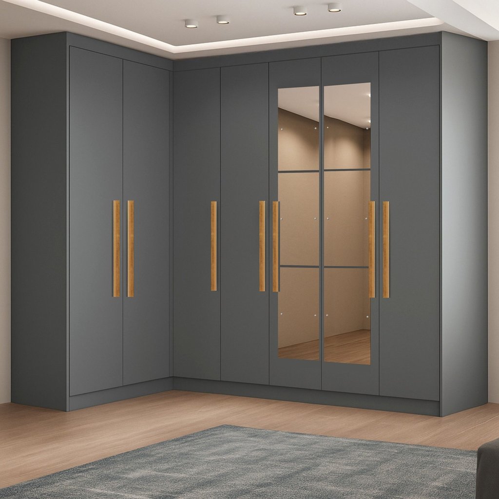 Guarda-Roupas Modulação Puxadores em MDF e Espelhos Paris Cinza/Onix Ônix