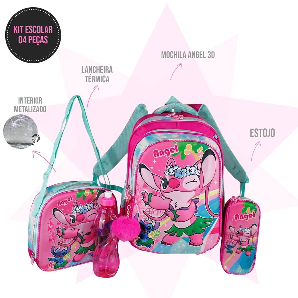 Kit Mochila Stitch Angel Menina Escolar Lancheira Estojo Garrafa Linda Infantil em Oferta na Shopee