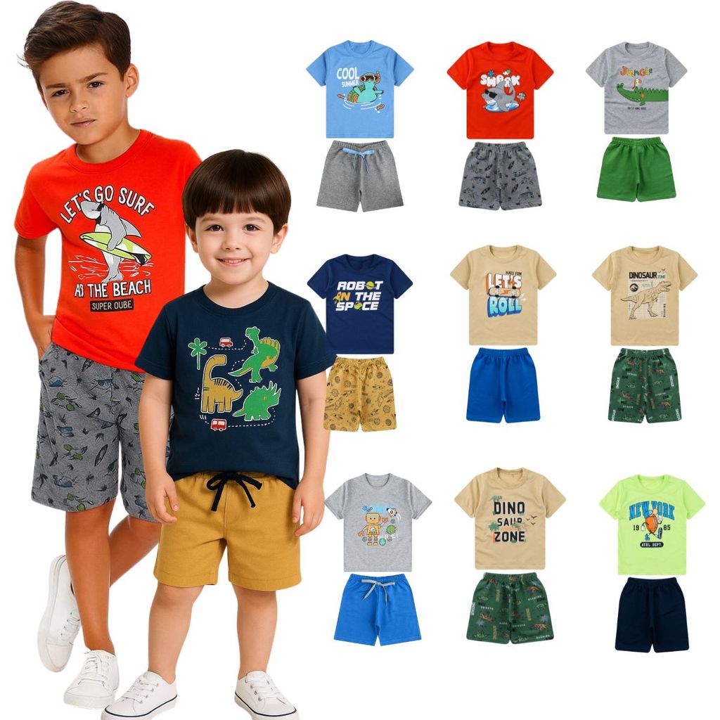 Conjunto Infantil Menino 4 Peças Kit Masculino Algodão Sortido com Camiseta e Short Estampado Verão