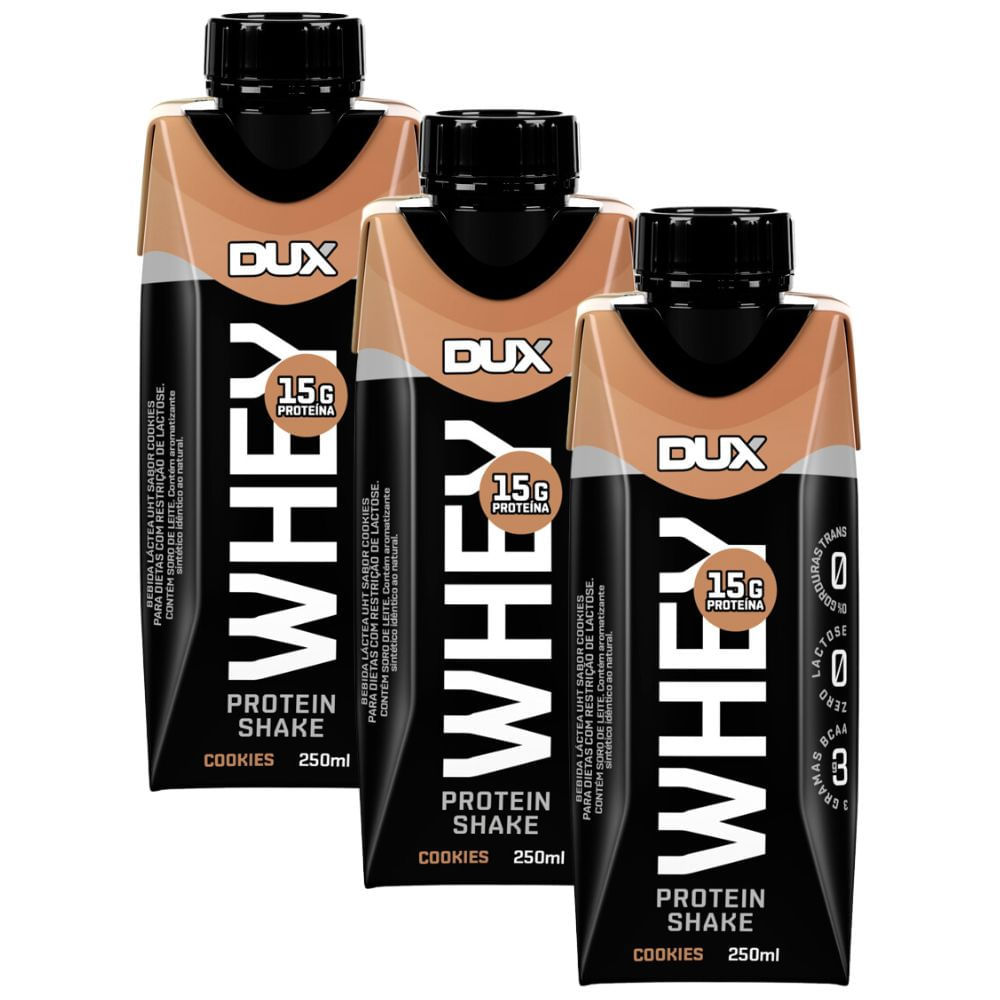Kit 3 Bebida Láctea UHT Whey Protein Shake Dux Sabor Cookies com 15g de Proteína 250ml em Oferta na Shopee