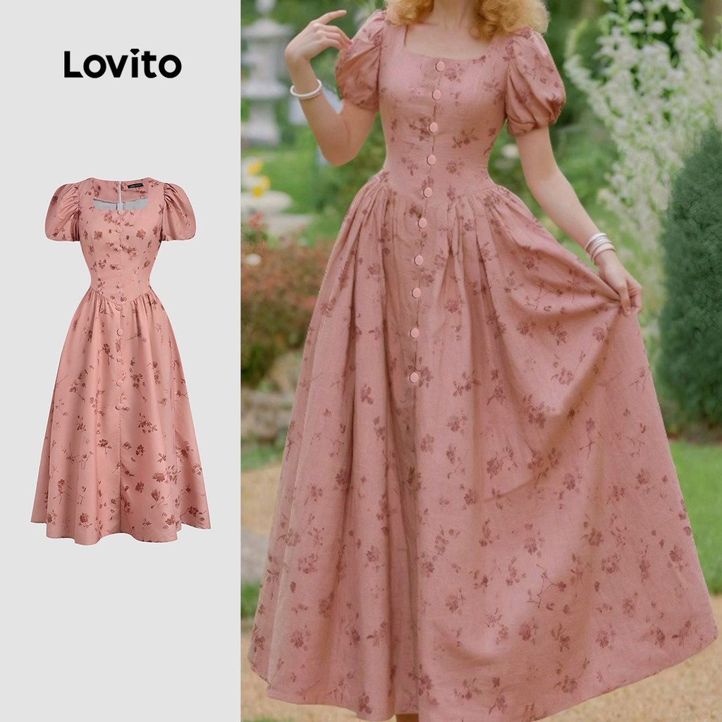 Lovito Vestido Elegante de Flores com Botões Na Frente para Primavera/verão Rosa para mulheres L158ED1522 em Oferta na Shopee