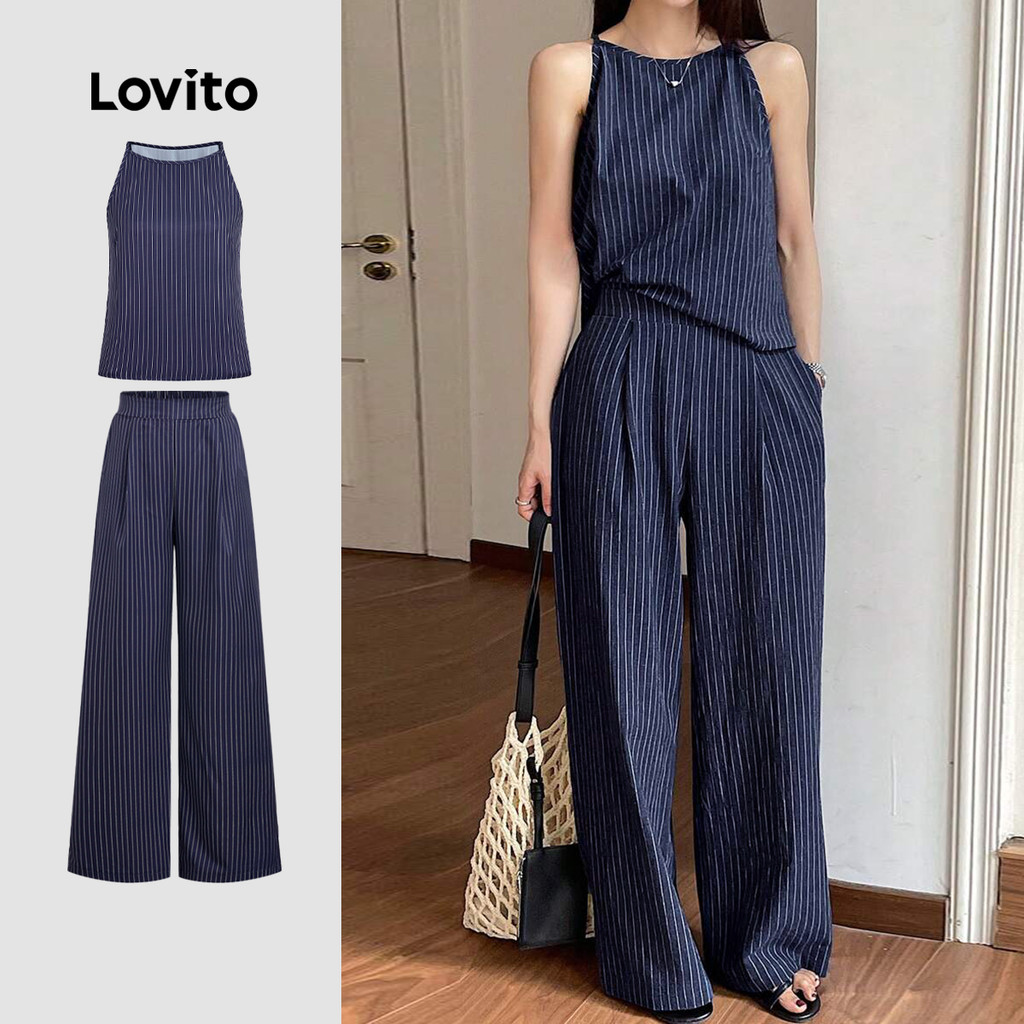 Lovito Casual Tops ou Bottoms Bolso Mola/verão Terno Azul Marinho Tops ou Bottoms para Mulheres L158AD187 em Oferta na Shopee