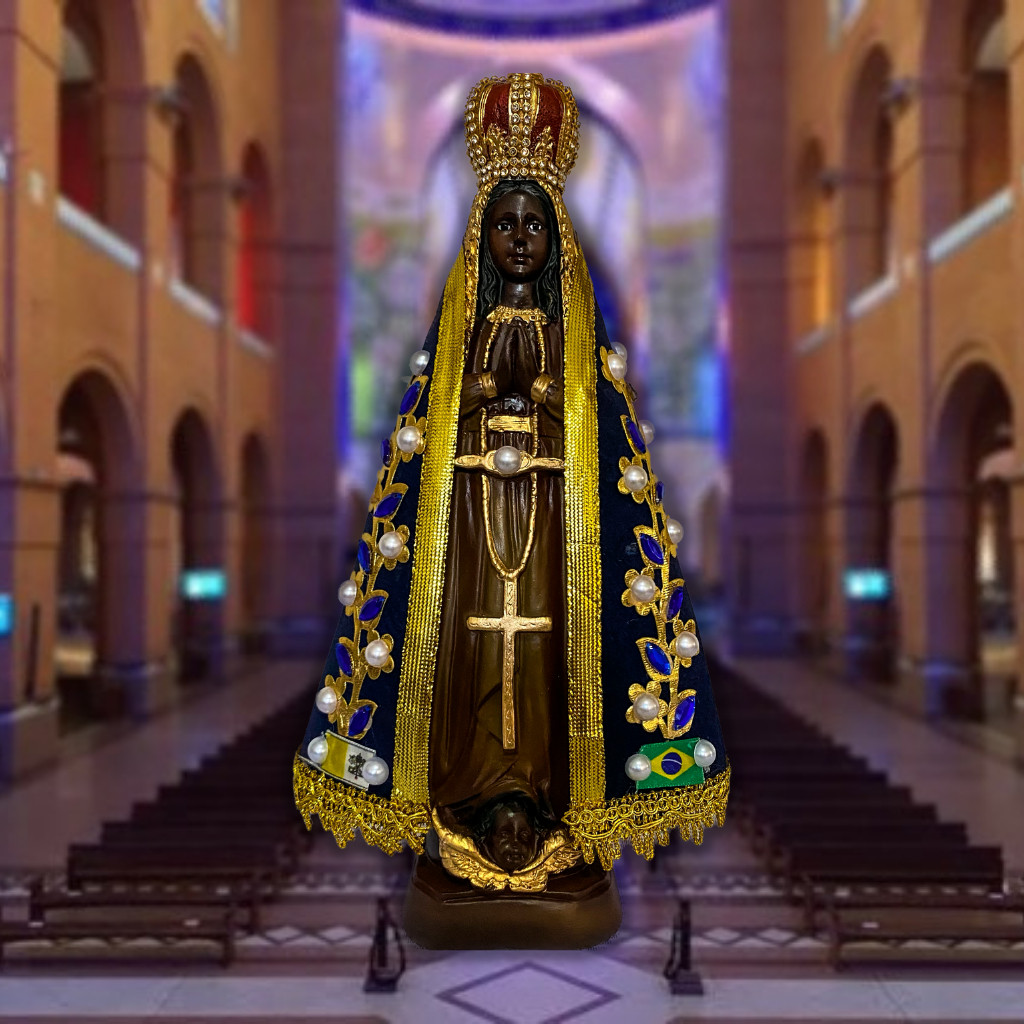 Imagem Nossa Senhora Aparecida Resina 32cm Manto Original com Pérolas - Gesso com Resina - Qualidade Premium Exclusiva