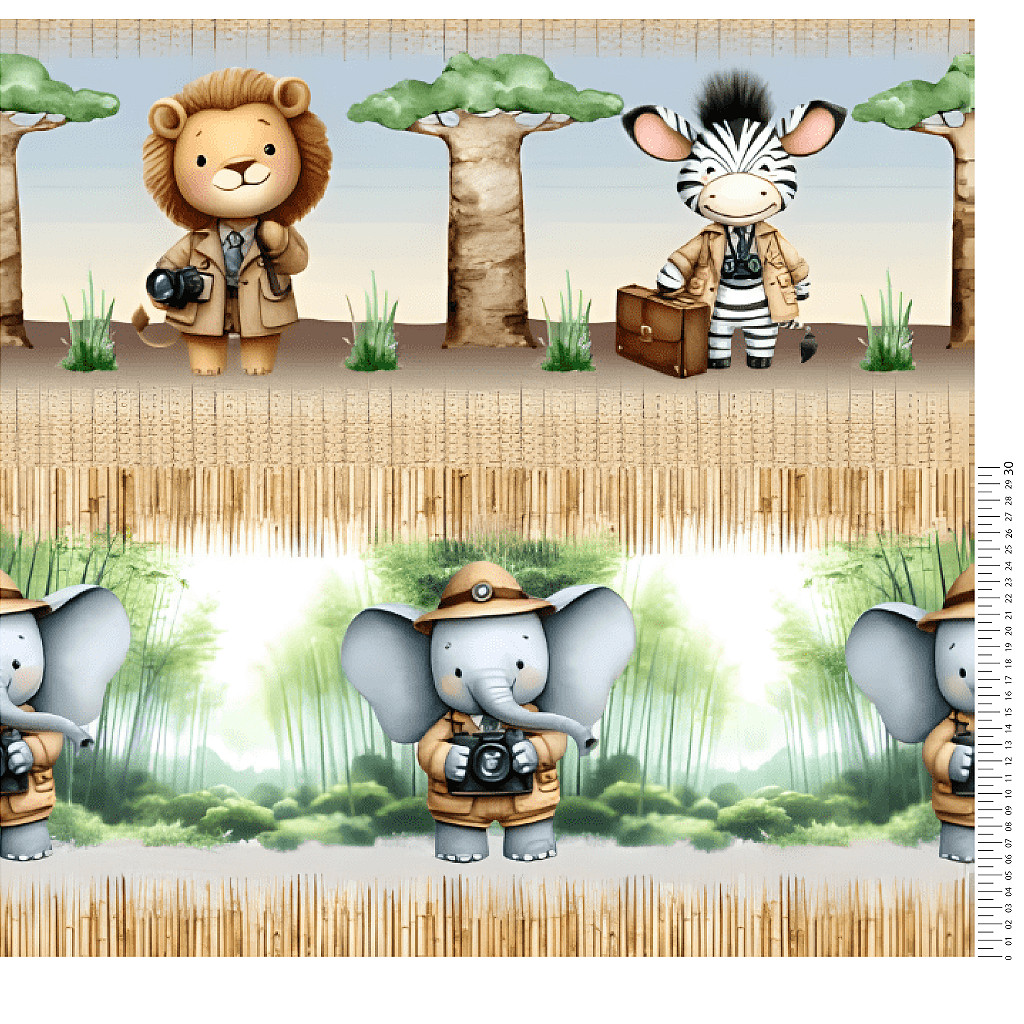 Tecido Tricoline Digital  Painel Barrado Safári do Bem  (5 Faixas) - Coleção Lúdica  - Tecidos Caldeira - 50 x 150 cm
