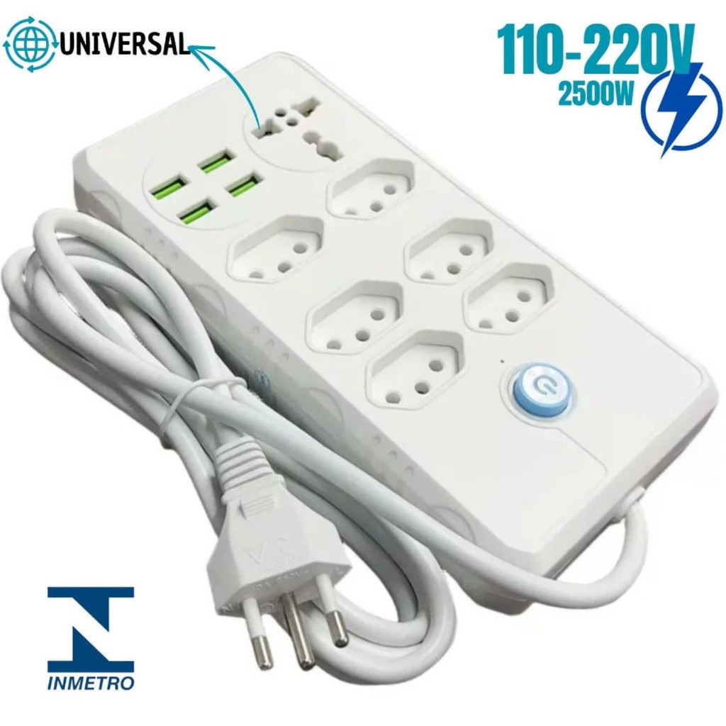 Filtro de Linha com Extensão, 7 Tomadas e 4 Portas USB, Bivolt 110V/220V - Para Maior Segurança e Conveniência em Oferta na Shopee