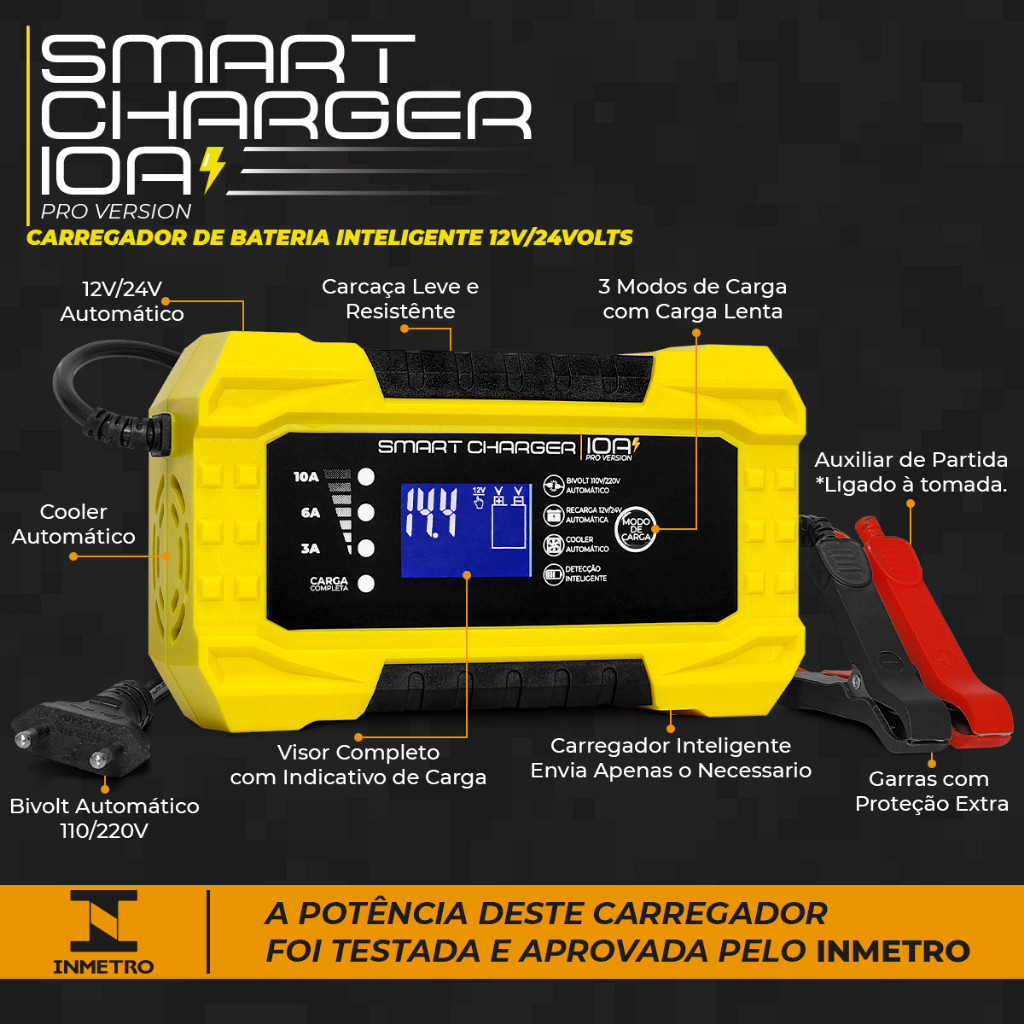 Carregador Bateria 300A Inteligente 10a 12v 24v Digital Flutuante Carro Moto Caminhão — imagem 2 de 2