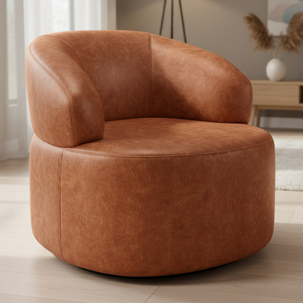 Poltrona Giratória Orgânica Para Sala de Estar Living Helena L02 Couríssimo Camel - Lyam Decor