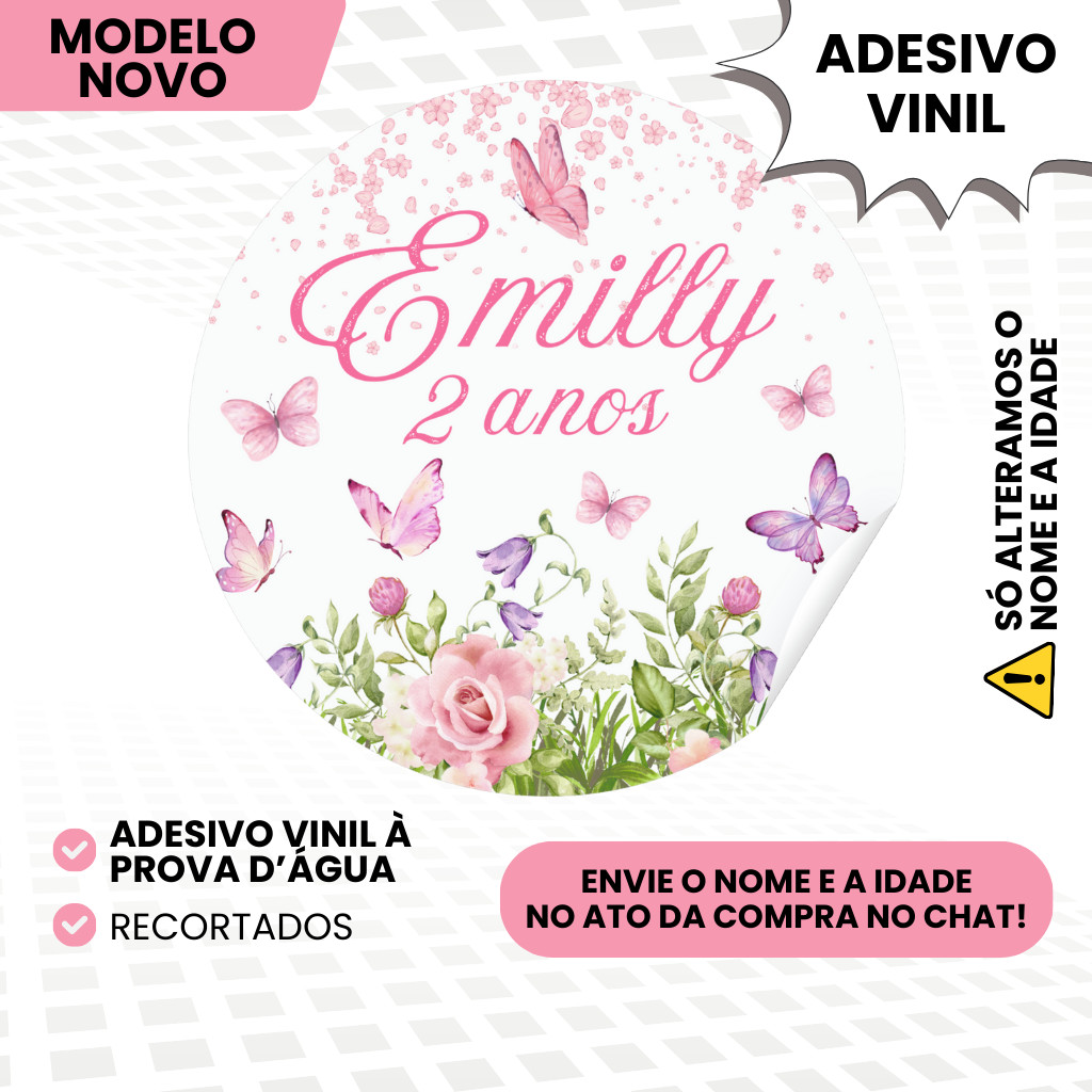Adesivo Personalizado Jardim das Borboletas Menina Lembrancinhas de Aniversário Infantil