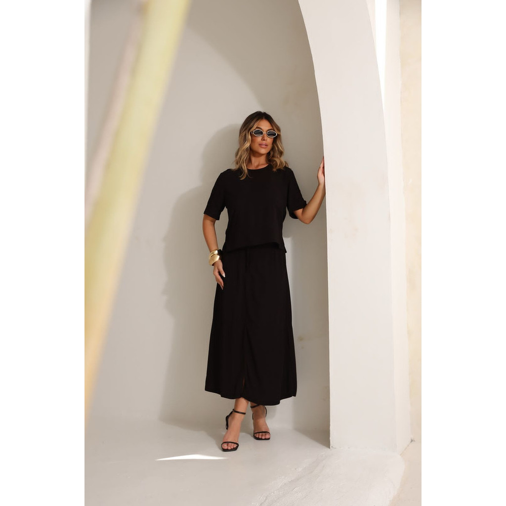 Conjunto Feminino Saia Longa e Blusa Viscolinho Moda Casual Elegante e Confortável