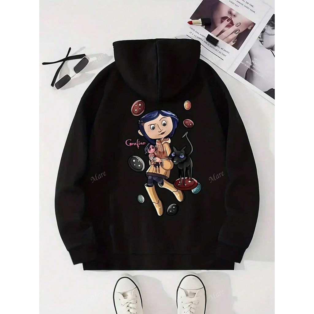 Blusa de Moletom Canguru com Capuz Unissex Coraline Caroline Preto Lançamento Envio Imediato em Oferta na Shopee